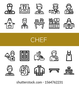 Set of chef icons. Such as Waiter, Apron, Restaurant, Coffee table, Postwoman, Kitchen, Butcher, Catering, Menu, Uniform, Mincer, Firefighter uniform, Waitress, Breakfast tray , chef icons
