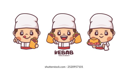 set of chef with kebab cartoon character design, vector illustration in outline style.