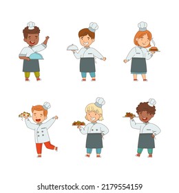 Set of chef kids in professional uniform. Little boys and girls cooking tasty dishes cartoon vector illustration