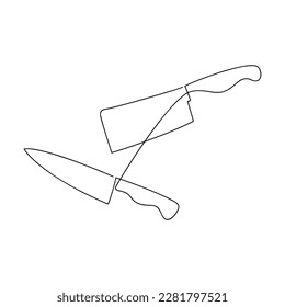 Set of chef knives vector one line continuous drawing illustration. Kitchen utensils. Hand drawn linear silhouette. Cooking supplies icon. Outline design, print, banner, card, brochure, poster, menu.