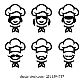 Set of chef logos, female and male. Vector illustration.