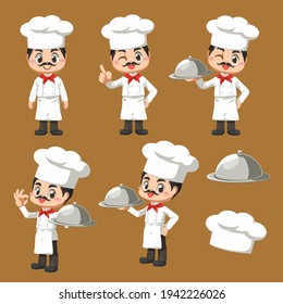 Set of chef man in cartoon character, mascot in vector illustration design for culinary business logo