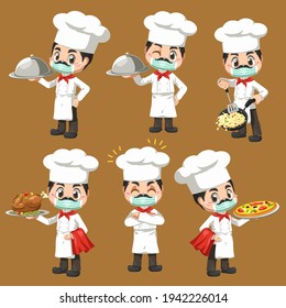 Conjunto de cocineros hombres haciendo panadería y comida en personaje de dibujos animados, mascota en diseño de ilustración vectorial para el logo de negocios culinarios