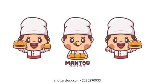 set of chef with mantou cartoon character design, vector illustration in outline style.