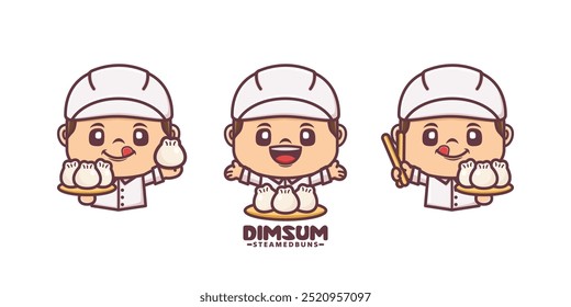 set of chef mascot with dim sum.cartoon illustration with different expressions. for culinary business, brand logo, sticker, cartoon identity, icon, etc.