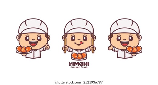 set of chef mascot with korean food kimchi.cartoon illustration with different expressions. for culinary business, brand logo, sticker, cartoon identity, icon, etc.