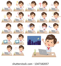 A set of Chef men on desk work.There are various actions such as feelings and fatigue.It's vector art so it's easy to edit.
