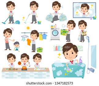 A set of Chef men related to housekeeping such as cleaning and laundry.There are various actions such as cooking and child rearing.It's vector art so it's easy to edit.
