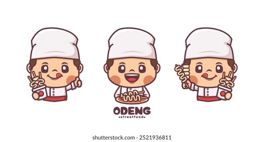 set of chef with odeng cartoon character design, vector illustration in outline style.