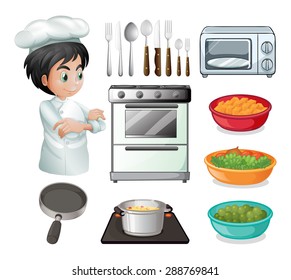 Conjunto de cocineros con otros equipamientos de cocina