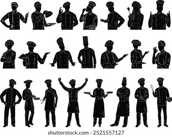 Conjunto de siluetas de chef, retratos y longitud completa, Vector