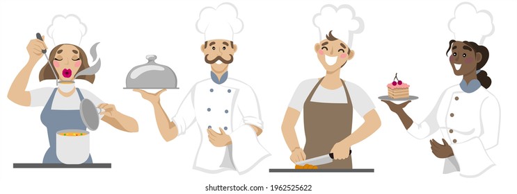 Set chef and waiters. Chef cook isolate on a white background.  Girl and boy funny cook delicious food illustration. Collection of portraits of a chef in different situations. Man in a chef's hat 