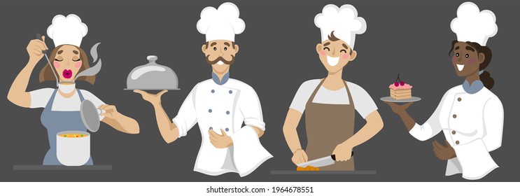 Set chef and waiters. Chef cook isolate on a grey background.  Girl and boy funny cook delicious food illustration. Collection of portraits of a chef in different situations. Man in a chef's hat 