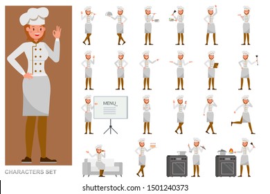 Set of Chef woman working character vector design. Presentation in various action with emotions, running, standing and walking.