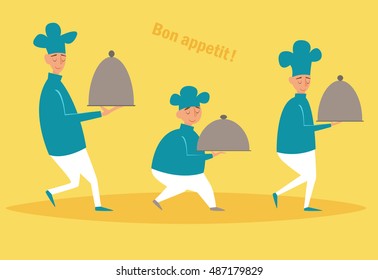 Set with chefs carrying dishes. Vector illustration. Cartoon character. Isolated. Illustration for menus and websites
