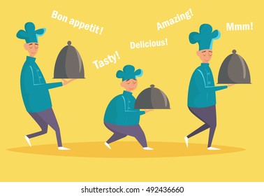 Set with chefs carrying dishes. Vector illustration. Cartoon character. Isolated. Illustration for menus and websites