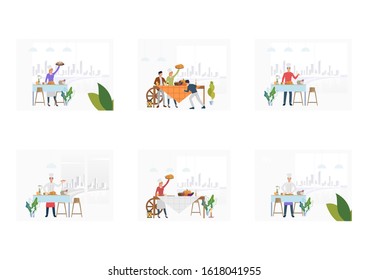 Set of chefs cooking dishes. Flat vector illustrations of cooking festive dinner, turkey, pumpkins. Cooking concept for banner, website design or landing web page