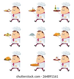 Set of Chefs with Different Meals on Trays, Coffee, Juice, Champagne, Potatoes, Pizza, Turkey, Ice Cream, Funny Cartoon Characters Isolated on White Background. Eps10, contains transparencies. Vector 