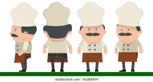 Set of chefs. Different poses of a cartoon character. Vector illustration in flat style