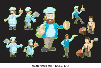 A set of chefs drawn characters in various poses