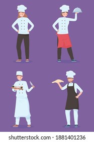 conjunto de chefs con trabajadores de la cocina de alimentos y platos personajes ilustración vectorial