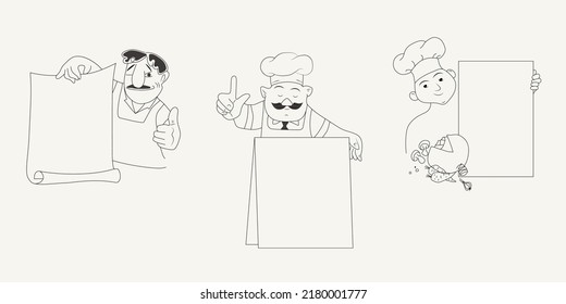 Set of chefs holding an empty sheet for menu, recipes, advertisement. Cooks with blank paper vector illustration.