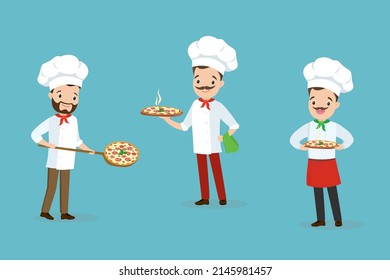 Set of chefs holding freshly baked pizzas. Traditional Italian food dish. Man in apron and cap holds delicious pizza. Pizzeria workers in uniform. Restaurant with italian cuisine. Vector illustration