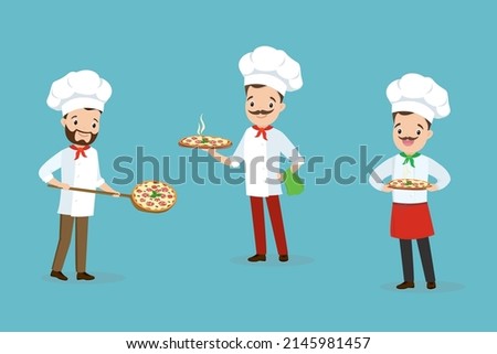 Set of chefs holding freshly baked pizzas. Traditional Italian food dish. Man in apron and cap holds delicious pizza. Pizzeria workers in uniform. Restaurant with italian cuisine. Vector illustration