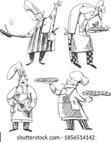 Set of chefs, line drawings of baker, chef, cooking. Professions illustration