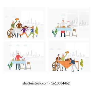Set of chefs preparing meals for clients. Flat vector illustrations of people cooking chicken for children. Restaurant cuisine, cooking, catering concept for banner, website design or landing web page