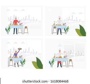 Set of chefs preparing meals for clients. Flat vector illustrations of catering service professionals cooking. Restaurant chef cooking, catering concept for banner, website design or landing web page