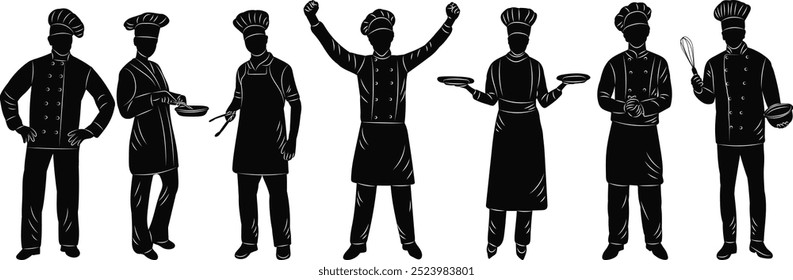 Conjunto de chefs de pie negro Vector de silueta