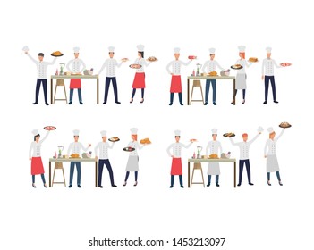 Set of chefs with various dishes. Flat cartoon characters of cooks creating new recipes. Can be used for commercial, restaurant, leaflet