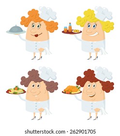 Set of Chefs Women with Different Meals on Their Trays, Juice, Biscuits, Potatoes, Roast Turkey, Funny Cartoon Characters Isolated on White Background. Eps10, contains transparencies. Vector