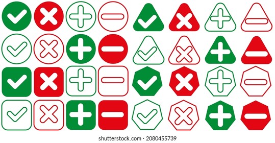 Set of chek marks. Green tick and red cross. YES or NO accept and decline symbol.