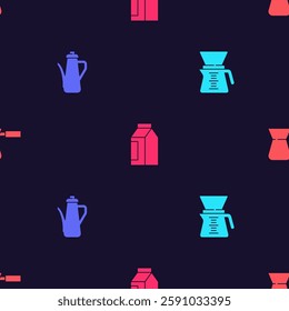 Set Chemex, Teapot, Bag of coffee beans and Coffee turk on seamless pattern. Vector