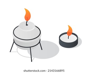 Set of chemical candles. Aromatherapy and light, substances for evaluating reactions, oxygen and temperature effects. Elements for heating reagents, chemistry. Cartoon isometric vector illustration