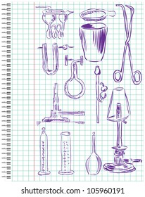 A set of chemical equipment in a school notebook in the box. Vector illustration.