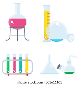 Set of chemical equipment. Test tube and flack, chemical burner, laboratory, liquid. Flat vector cartoon chemical illustration. Objects isolated on a white background.