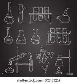 Set of chemical equipment. Vector hand drawing icons. Vintage background. Linear illustration. Back to School. Chemistry and medicine.