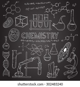 Conjunto de equipos químicos. Iconos de dibujo manual vectorial. Fondo vintage. Ilustración lineal.  De vuelta a la escuela. Química.