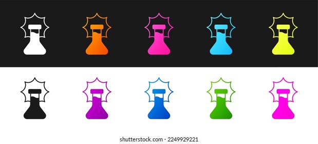 Set Chemical experiment, explosion in the flask icon isolated on black and white background. Chemical explosion in a test tube.  Vector