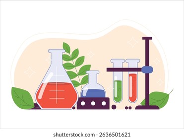Set for chemical experiments. Glass bowls with liquids, wrinkled leaves. Science of chemistry. Vector graphics.
