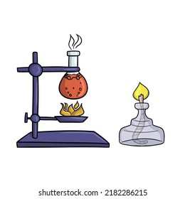 Un conjunto para experimentos químicos con calentamiento líquido, un matraz de vidrio con líquido hirviendo, una ilustración vectorial al estilo de las caricaturas sobre un fondo blanco