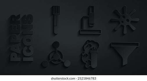 Set Chemical explosion, Bacteria, Molecule, Funnel or filter, Microscope and Test tube and flask icon. Vector