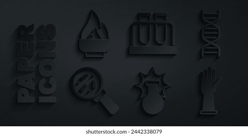 Set Chemical explosion, DNA symbol, Microorganisms under magnifier, Medical rubber gloves, Test tube and flask and Alcohol spirit burner icon. Vector