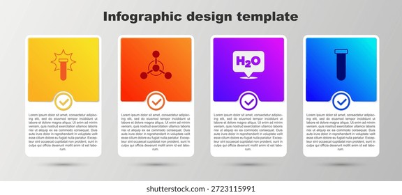 Conjunto de explosión química, molécula, fórmula para H2O y tubo de ensayo y matraz. Plantilla de infografía de negocios. Vector