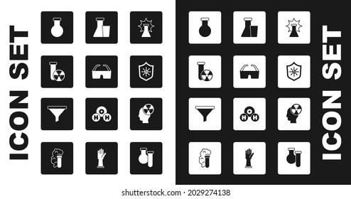 Set Chemical explosion, Safety goggle glasses, Test tube radiation, and flask, Shield protecting from virus, Head symbol and Funnel or filter icon. Vector