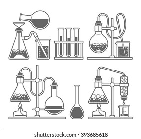 Set chemical flask. Erlenmeyer flask, distilling flask, volumetric flask, test tube. Vector illustration.