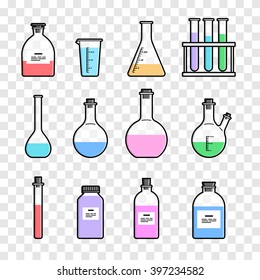 Set chemical flask. Erlenmeyer flask, distilling flask, volumetric flask, test tube. Vector illustration.